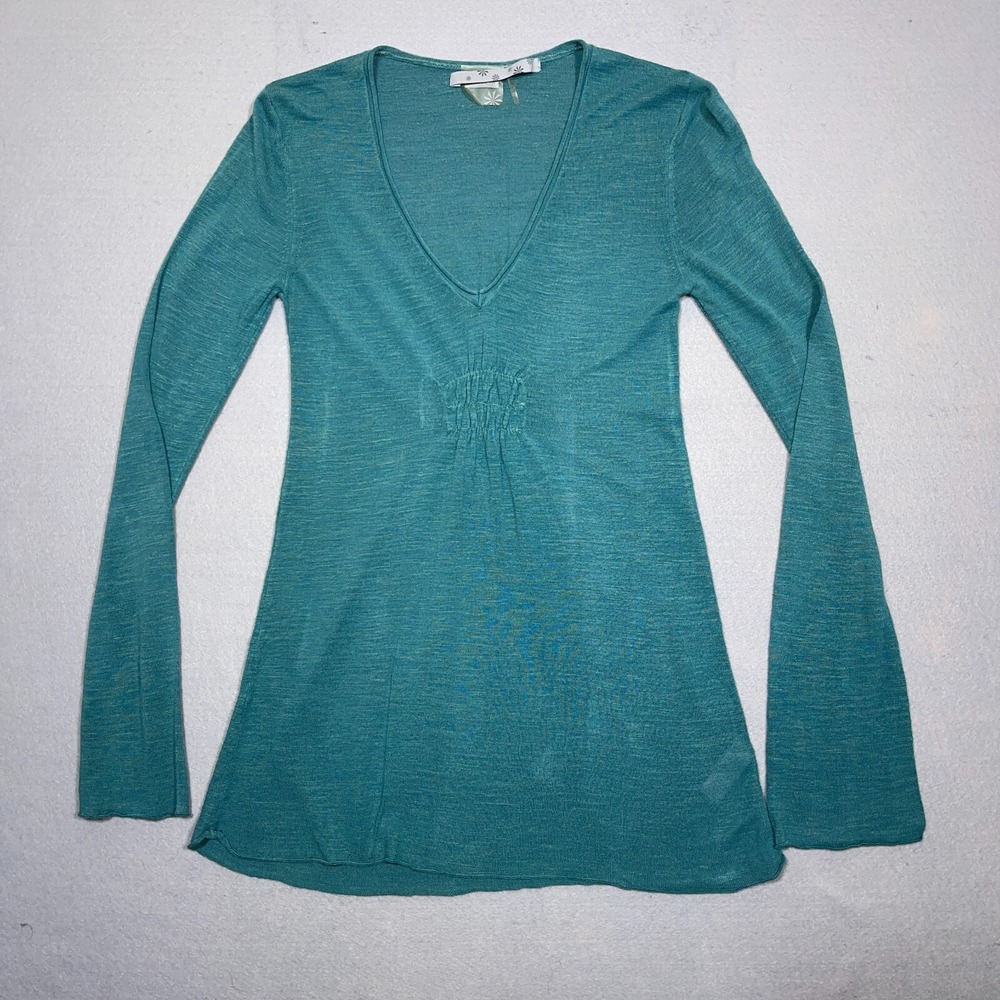 Athleta V Neck‎ Top Women XS Slim Fit Teal Blue Linen Blend Slub Knit Minimalist